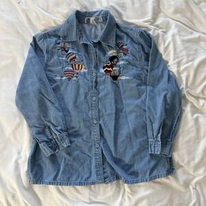 VTG Passion-I Blue Denim Hot Air Balloon‎ Embroidered Button Up Shirt 90s L READ